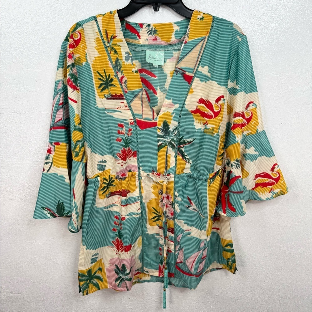True Destinations Tunic Top Womens M Multicolor Tropical V-Neck Bell Sleeve